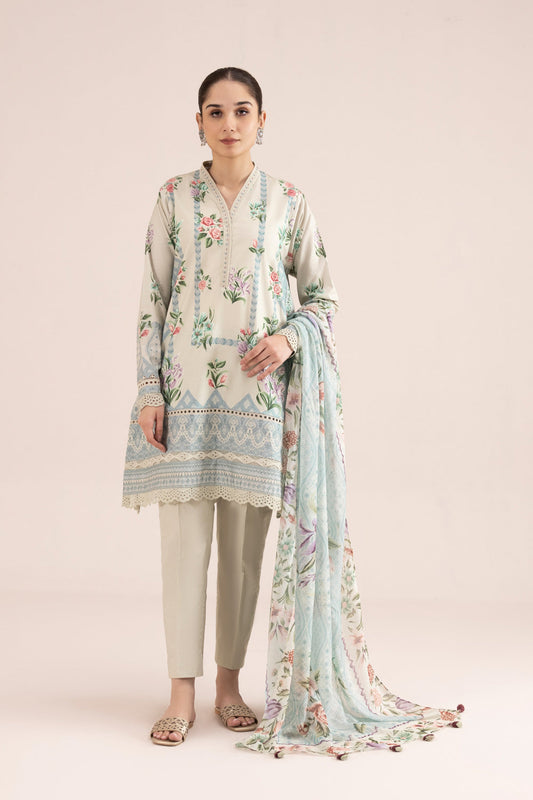 3 Piece - Printed Cambric Suit - Beige