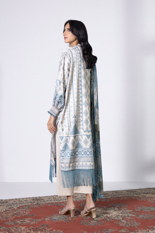 3 Piece - Printed Satin Suit - Off White