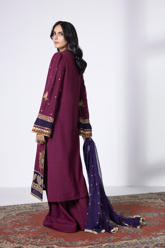 3 Piece - Embroidered Raw Silk Suit - Plum