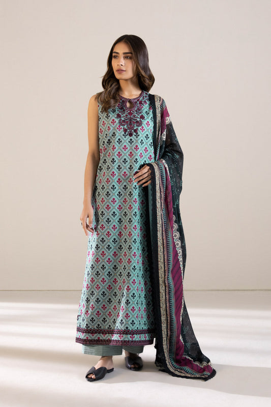 3 Piece - Embroidered Cambric Suit - Aqua