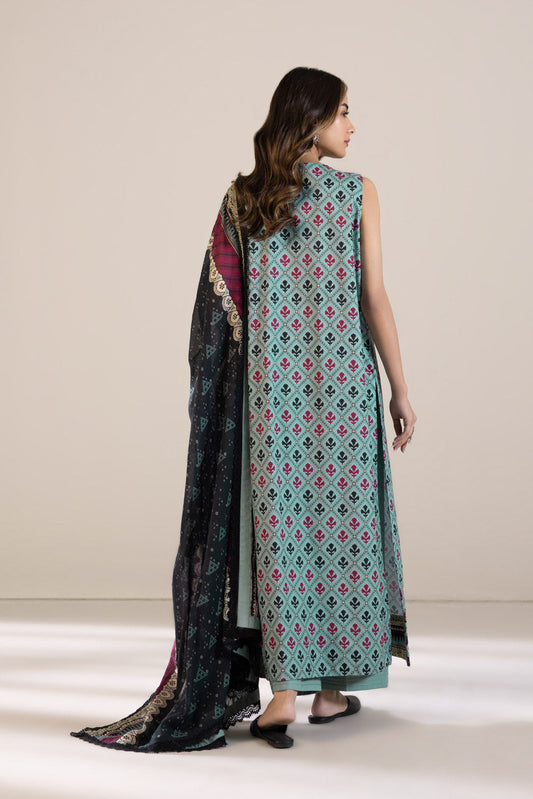 3 Piece - Embroidered Cambric Suit - Aqua