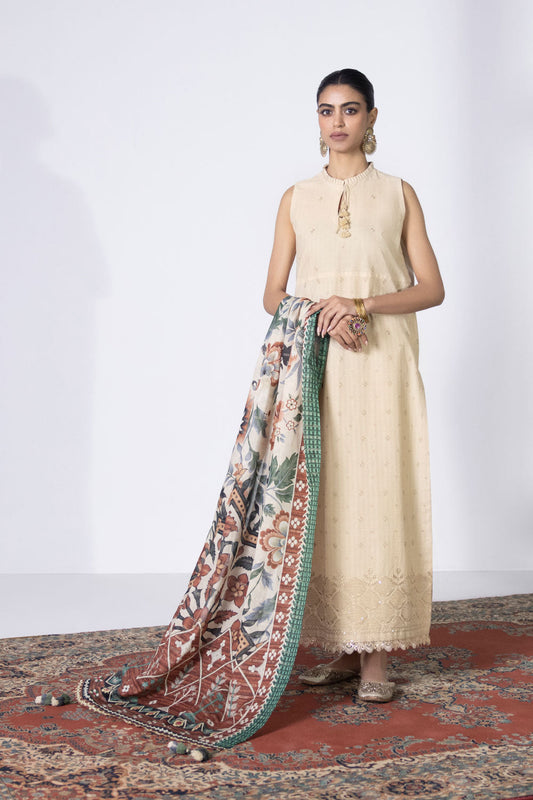 3 Piece - Embroidered Dobby Suit - Off White