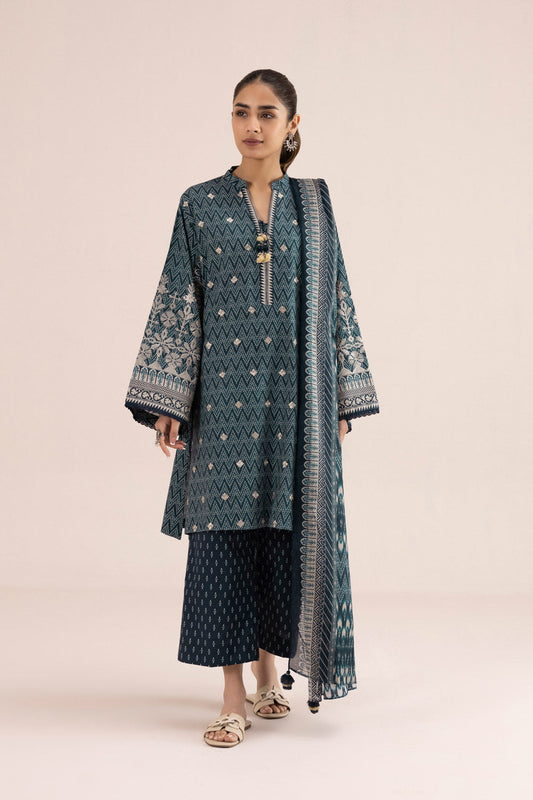 3 Piece - Embroidered Cambric Suit - Blue