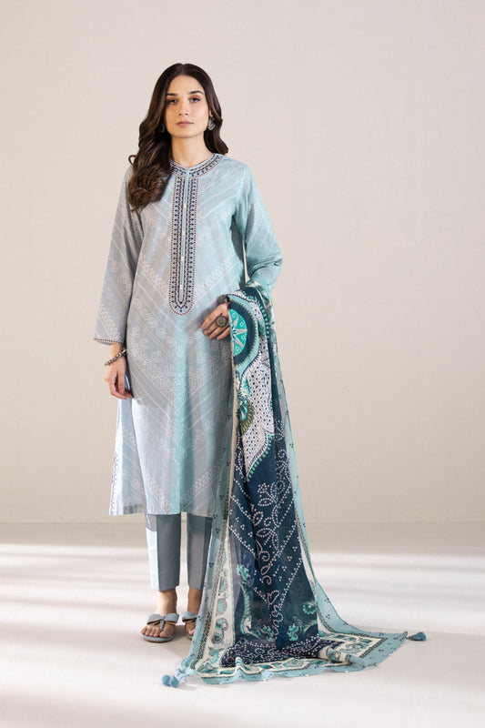 3 Piece - Embroidered Cambric Suit - Ice Blue