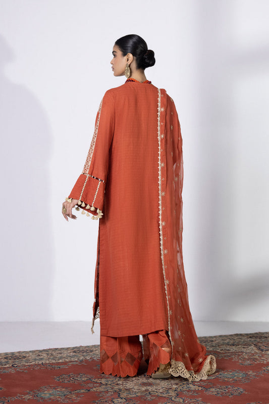 3 Piece - Embroidered Dobby Suit - Rust