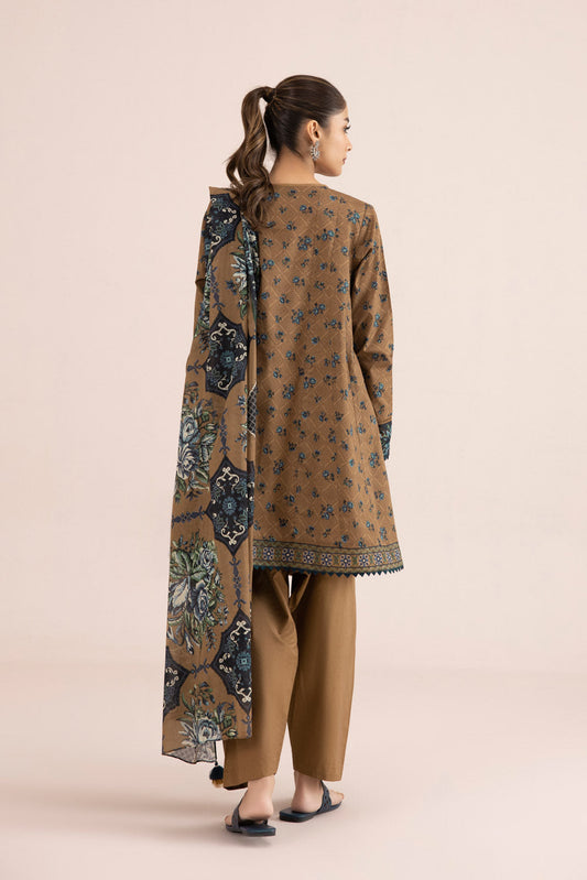 3 Piece - Embroidered Cambric Suit - Brown