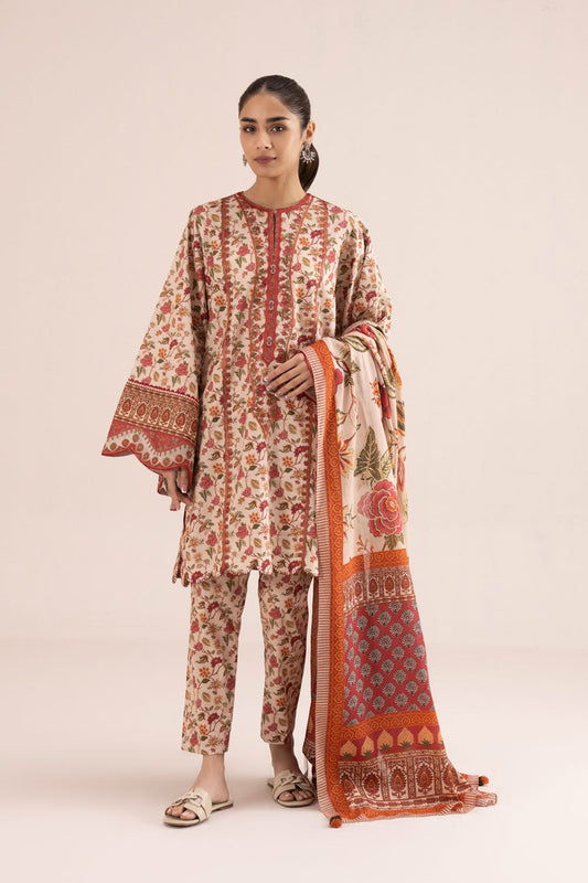 3 Piece - Embroidered Cambric Suit - Off White And Rust