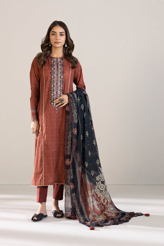 3 Piece - Embroidered Cambric Suit - Maroon