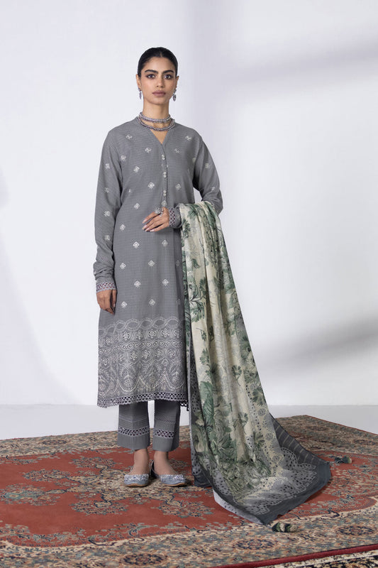 3 Piece - Embroidered Dobby Suit - Grey