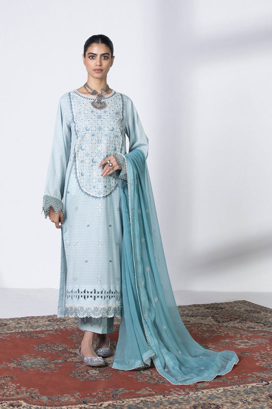 3 Piece - Embroidered Dobby Suit - Ice Blue