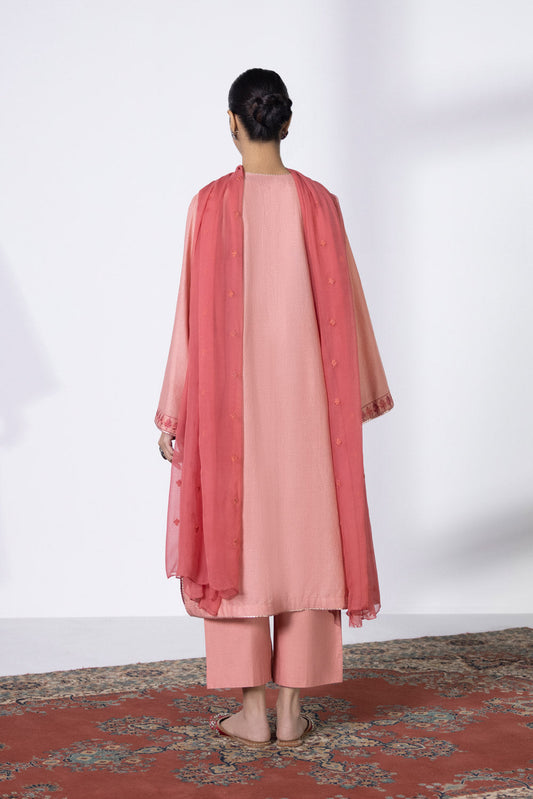 3 Piece - Embroidered Dobby Suit - Peach