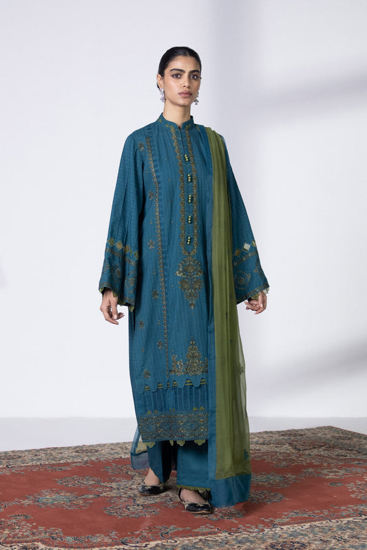 3 Piece - Embroidered Dobby Suit - Blue