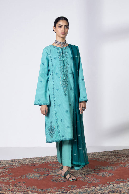 3 Piece - Embroidered Dobby Suit - Sea Blue