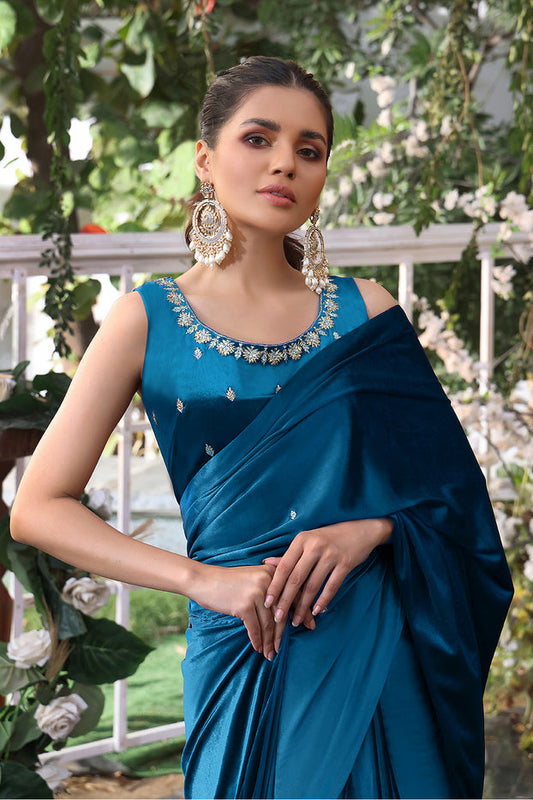 Lorex Boti Embroidered Velvet Luxury Saree | ZEENAT | SR202215 | Sea Green