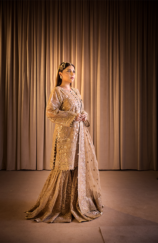 Roshan: Embroidered Straight Shirt Paired with a Farshi Gharara