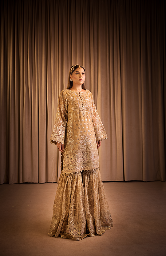 Roshan: Embroidered Straight Shirt Paired with a Farshi Gharara