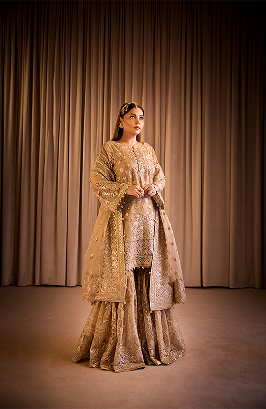 Roshan: Embroidered Straight Shirt Paired with a Farshi Gharara
